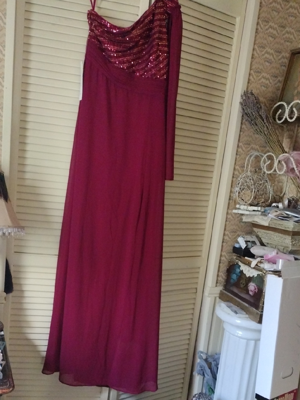 Burgundy New Sequin Draped Maxi Dress Sz L